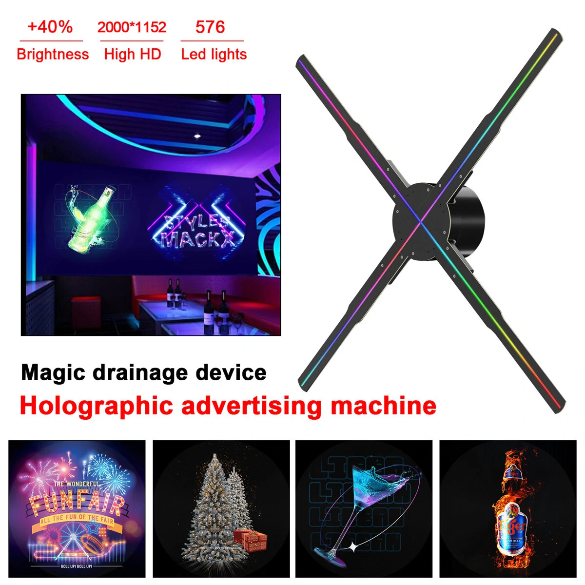 (image for) P50 Wifi Holographic Fan 3D Advertising Machine 576 LED Sign Neon Smart HD Player Support Video Picture Logo Holographic Light EU Plug